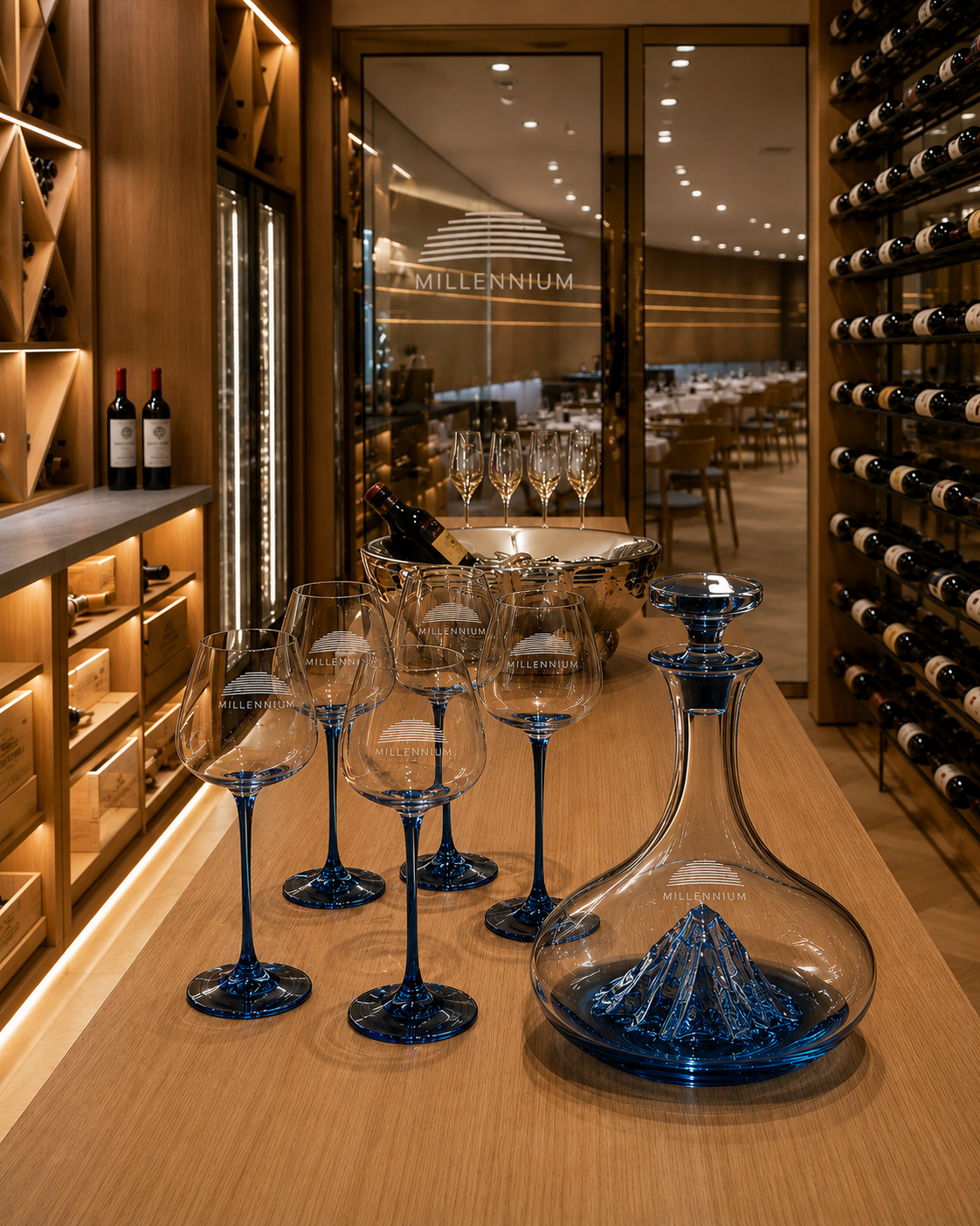 Rotweindekanter aus Glas „Blue Mountain“ mit Weingläsern „Burgundy“ mit blauem Stiel